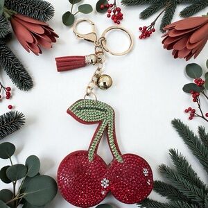 Cherry Bag‎ Charm! It's Red and Green Beaded Cherry Keychain with Tassel. New.
